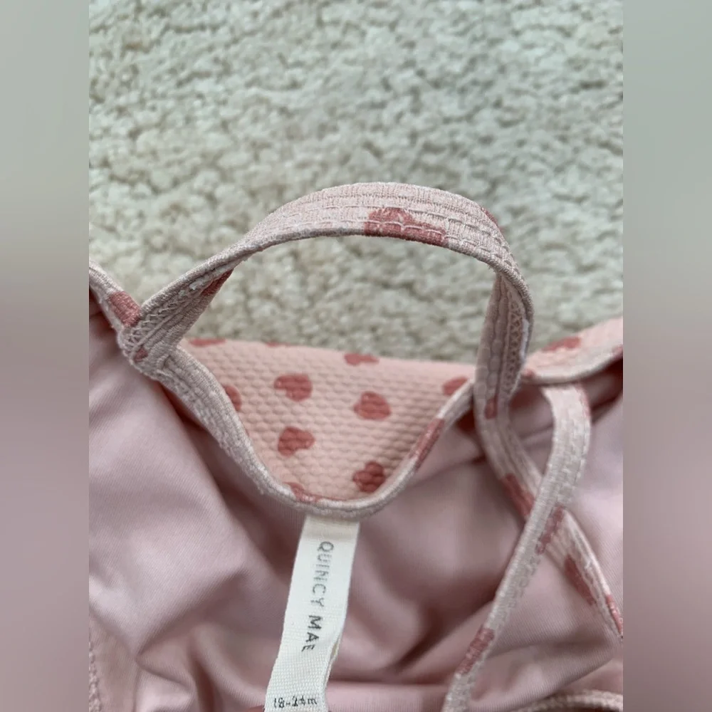 Quincy Mae Size 18-24 Months Hearts Print Ruffled One Piece Neutral Swimsuit
